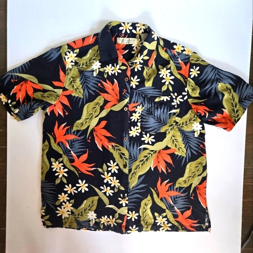 100% silk Men Island Republic Hawaiian Bird of Paradise Leaves Floral shirt sz M